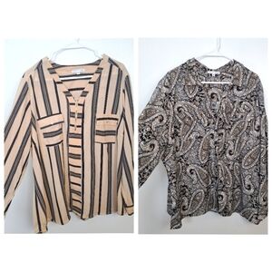Notation Bundle Of 2 Cream Black Striped & Paisley Print Long Sleeve Shirt Sz 3X